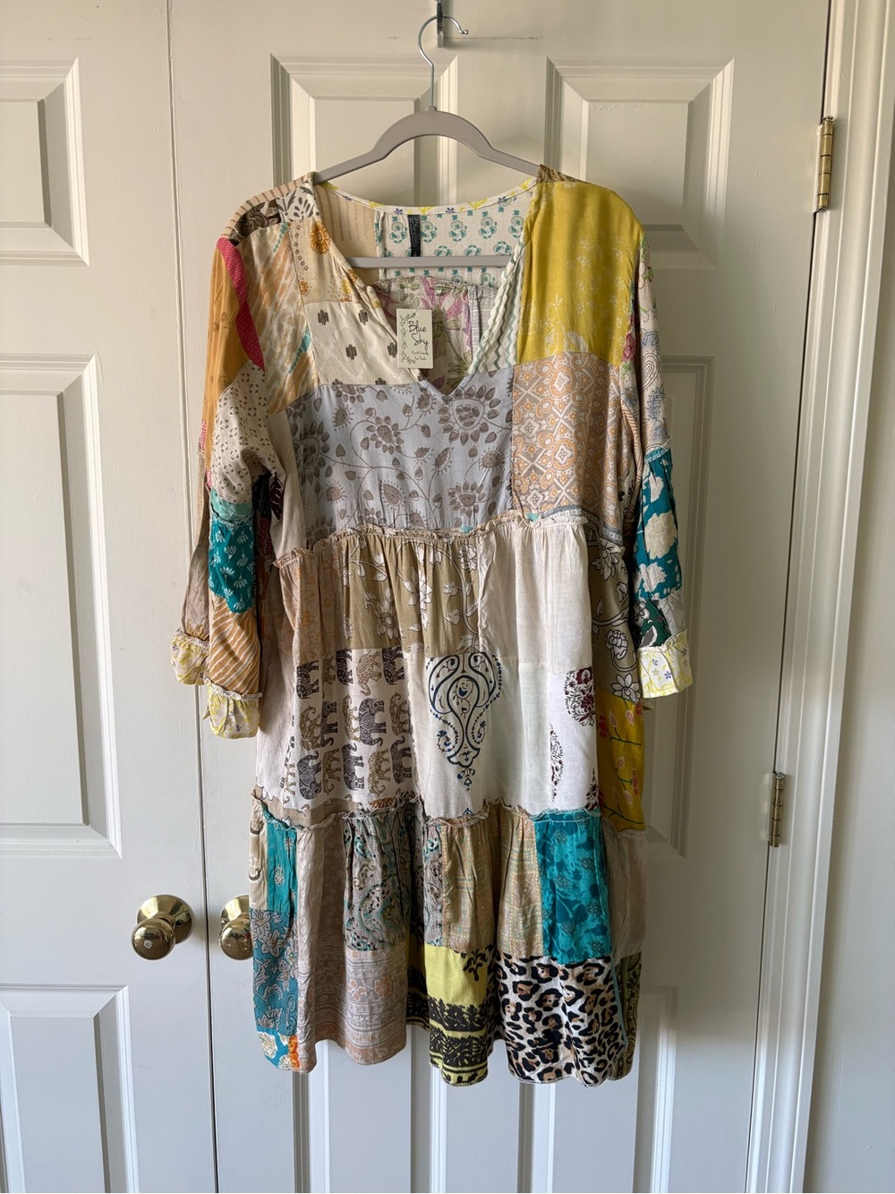 Blue Sky Multi-Color Patchwork Tiered Long Sleeve Dress
